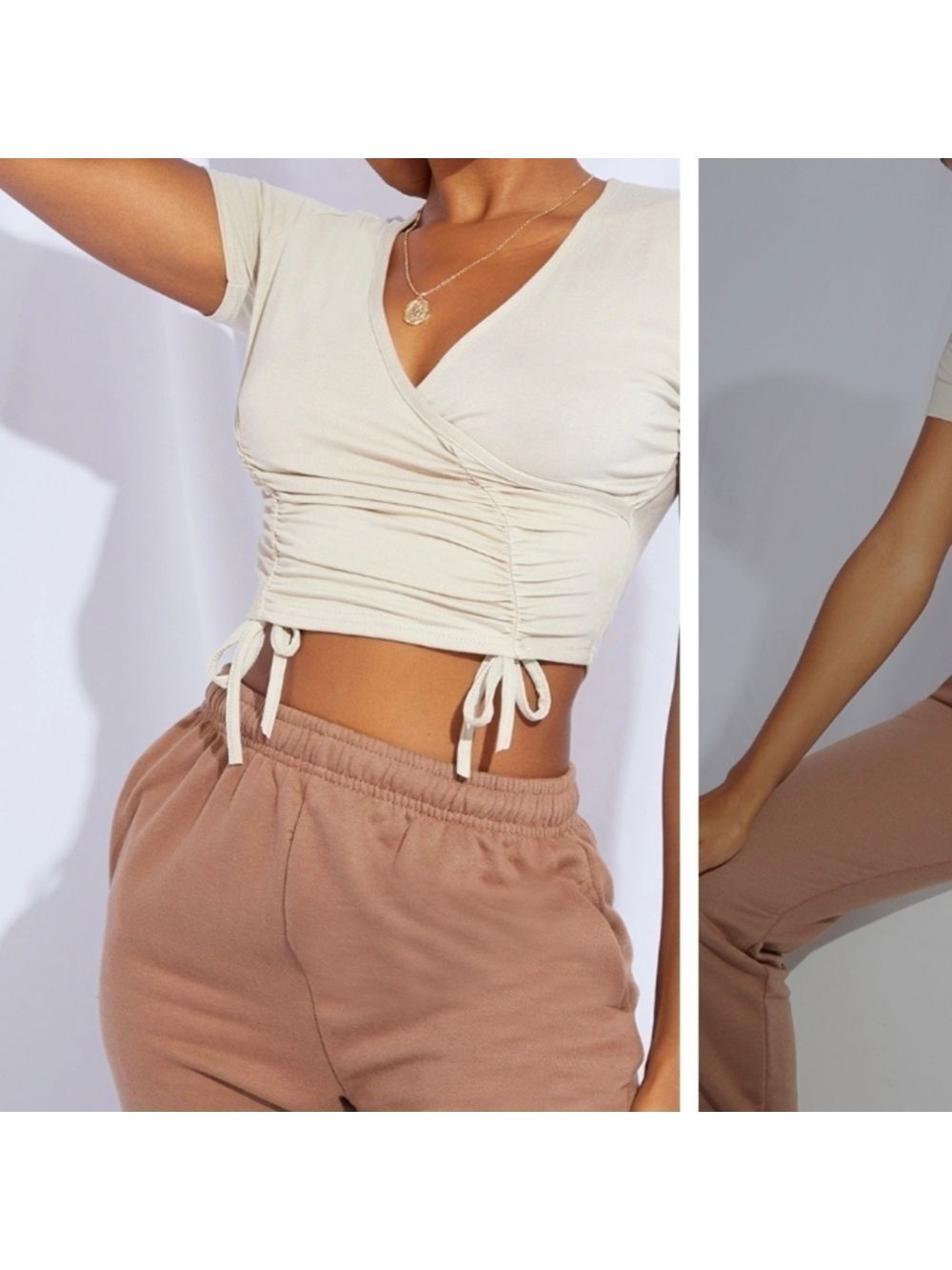 PrettyLittleThing Ruched Wrap Crop Top Cream NWT